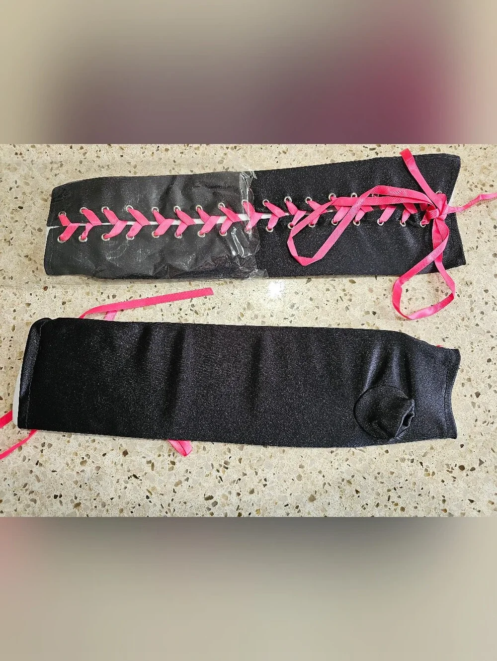 Black Fingerless Gloves With Pink Lace-Up Detail